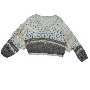Free People Macra Maze Me Over Baggy Top Linen Blend Fringe Cropped Women Sz S